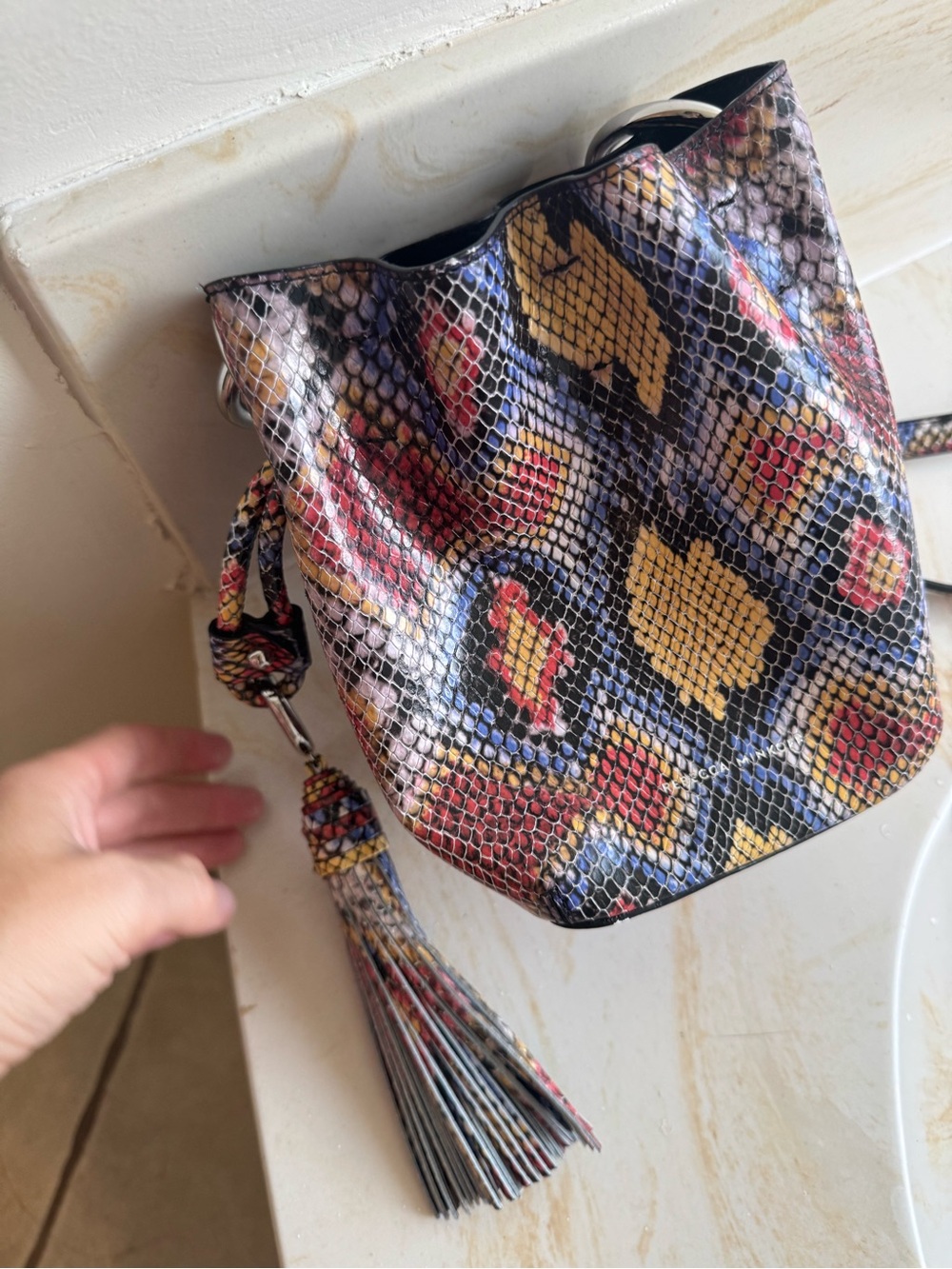 Rebecca Minkoff Multicolor Snakeskin-Pattern Mini Bucket Bag with Tassel